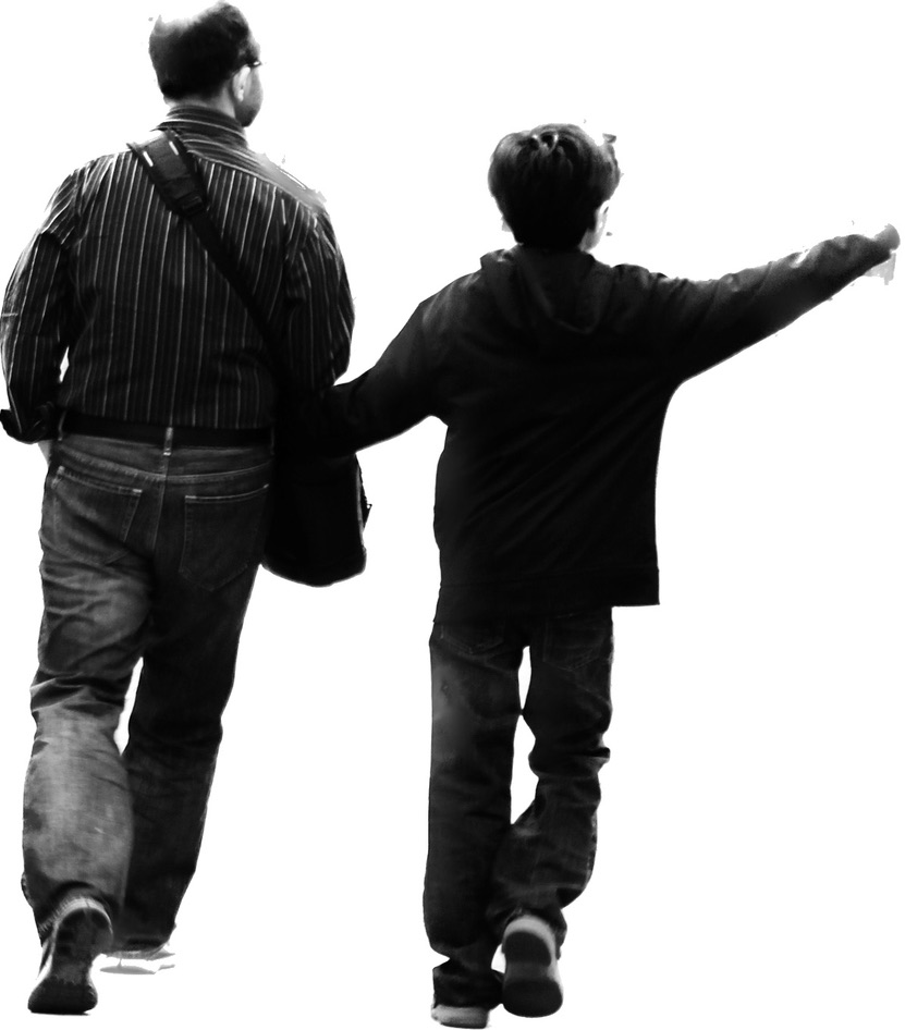 A father and son walking together, seen from behind
